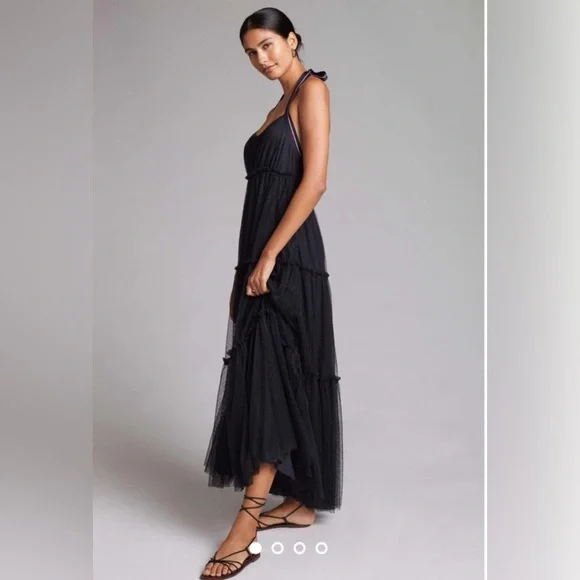 Maeve Anthropologie black tulle dress with white red and navy halter size 8 - Picture 3 of 14